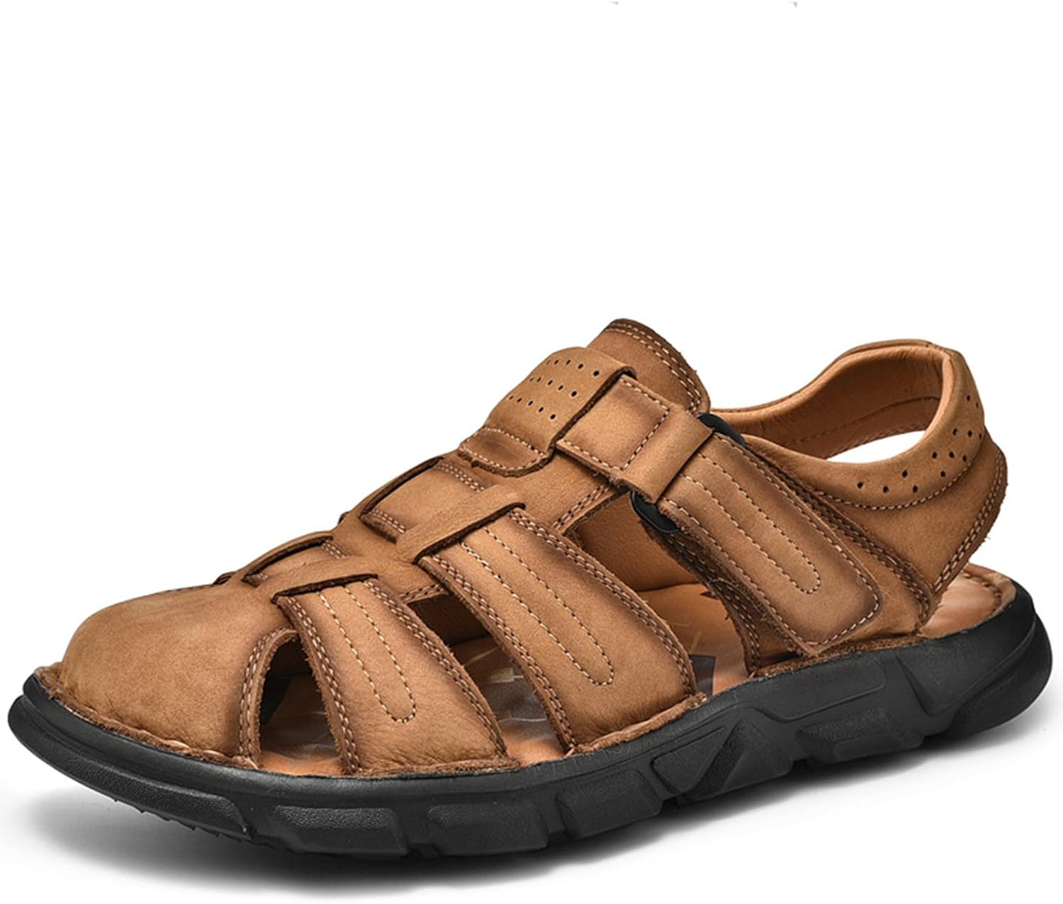 

Мужские кожаные сандалии VOCECO ручной работы с закрытым носком, повседневные, для активного отдыха и рыбалки, регулируемые летние туфли, светло-коричневый