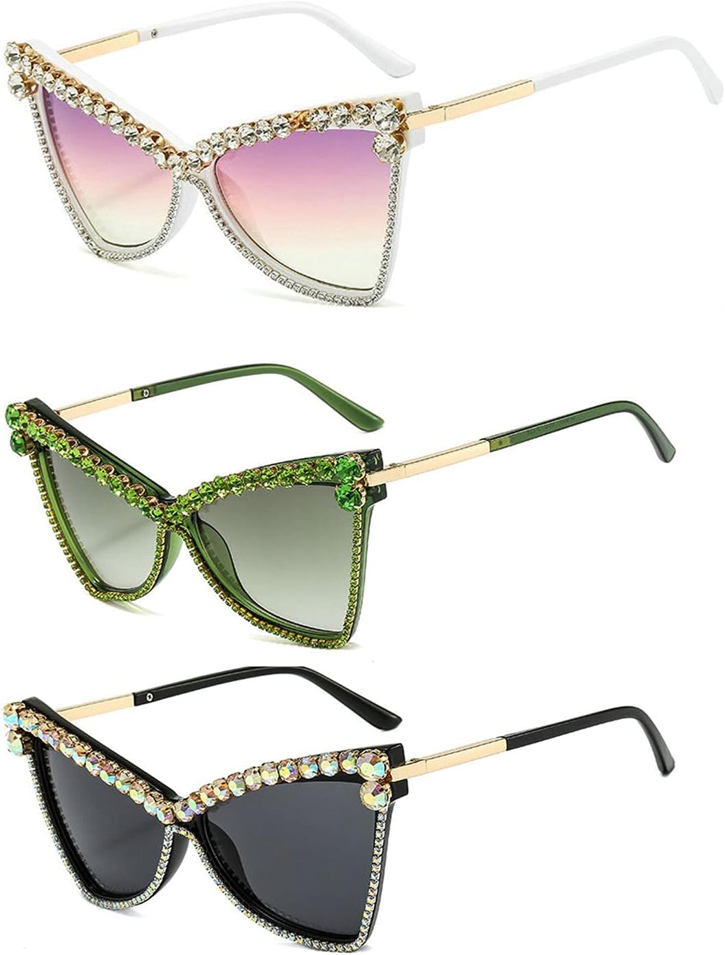 

Солнцезащитные очки Willochra Diamond Cat Eye для женщин, с бриллиантами и стразами, большие солнцезащитные очки для мужчин, 2021 год, ретро-очки, винтажные, с защитой от УФ-излучения UV400, 3pack-black&green&purple