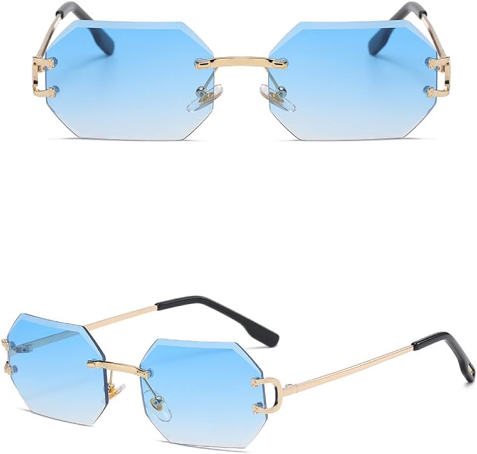 

модные женские солнцезащитные очки без оправы восьмиугольные с защитой от УФ-излучения UV400 без оправы золотистые металлические прямоугольные очки для мужчин generic, Gold With Blue