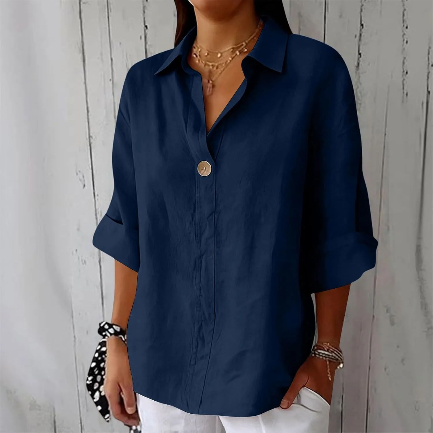 Льняная рубашка для женщин Plus Size 3/4 Sleeve V Neck — фото 2