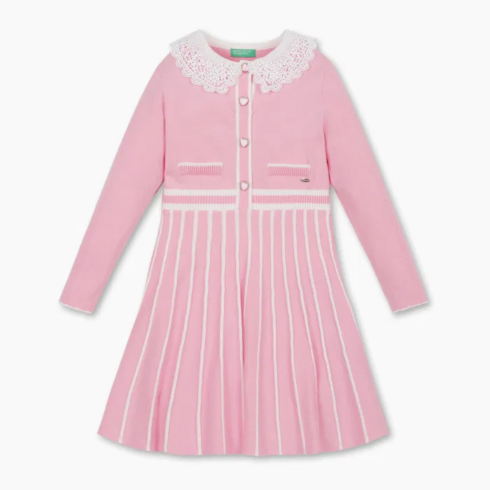 Детское розовое вязаное платье с кружевным воротником от Benetton Kids