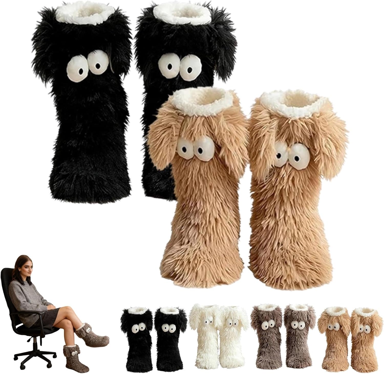 

Уютные носки, женские зимние теплые пушистые нескользящие носки-тапочки с ушками, милые объемные с большими глазами, из толстого флиса Generic, Set3