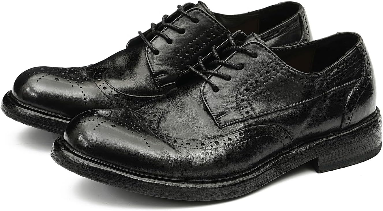 Мужские классические туфли Santimon Goodyear-Welted Wingtip Derby - Верх из натуральной кожи коровы и ручная работа с брогированием Oxford с просторным носком для деловых мероприятий и свадеб, черный