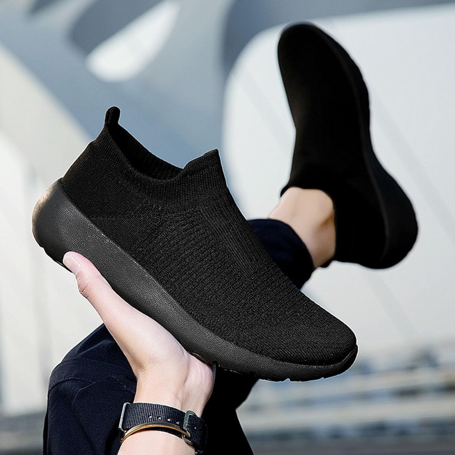Мужские кроссовки IWIHMIV Slip On для ходьбы, тенниса и бега, легкие, дышащие, повседневные и для тренировок, черный — фото 4