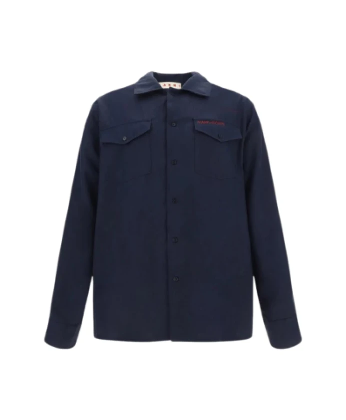 

Хлопковая рубашка с классическим воротником Marni, синий