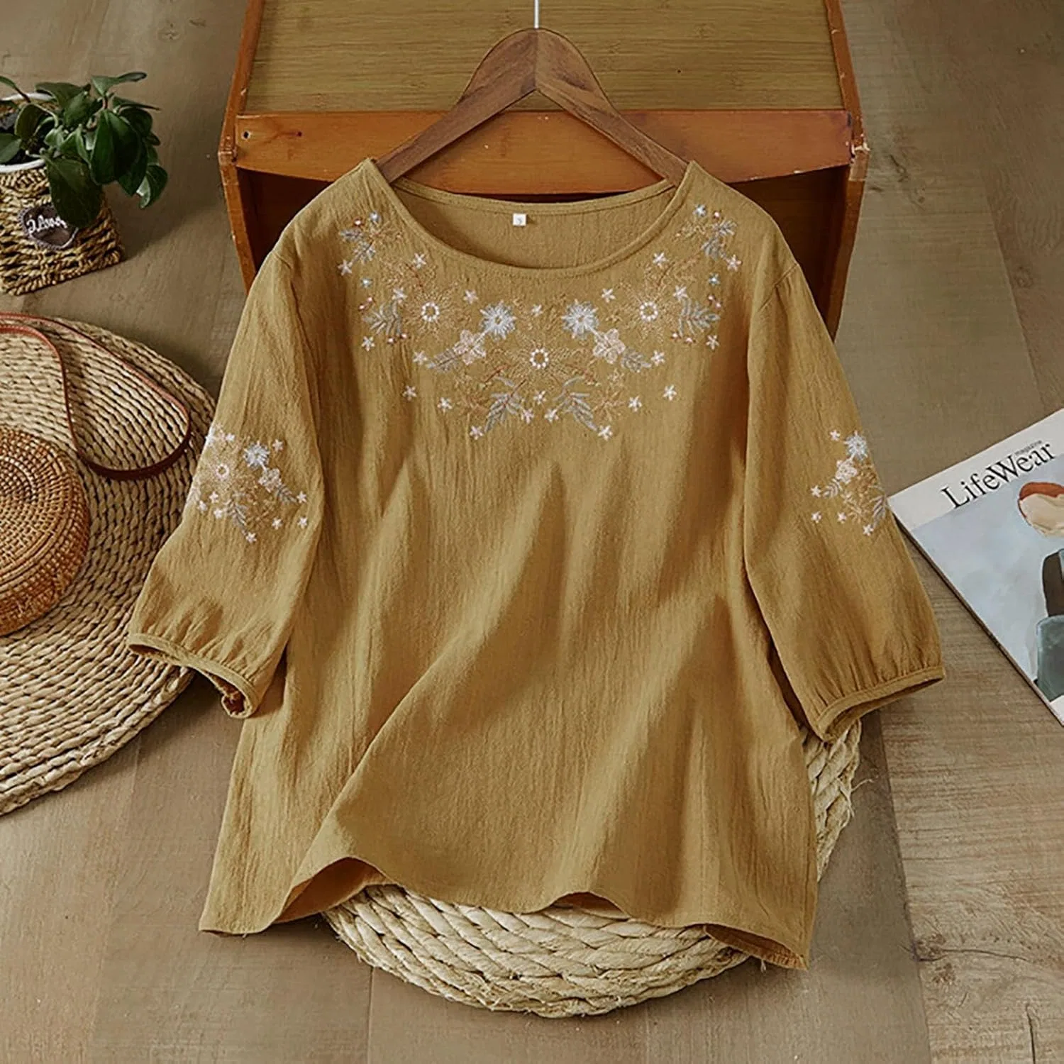 Блуза свободная из хлопка и льна Button-Down Shirts, бренд, желтый — фото 2