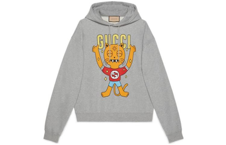 Толстовка с капюшоном с принтом в стиле мультфильма и слоганами GUCCI, серый — фото 3