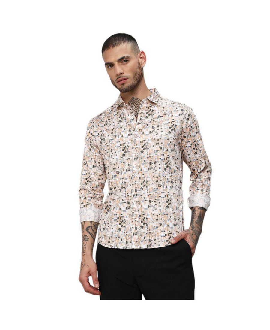 

Мужская хлопковая рубашка с абстрактным принтом на пуговицах Campus Sutra, Beige/khaki