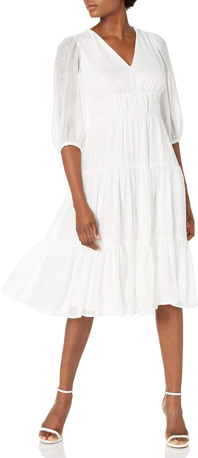 

Женское многоярусное платье миди Calvin Klein с рукавами-буфами и завязками, White/White