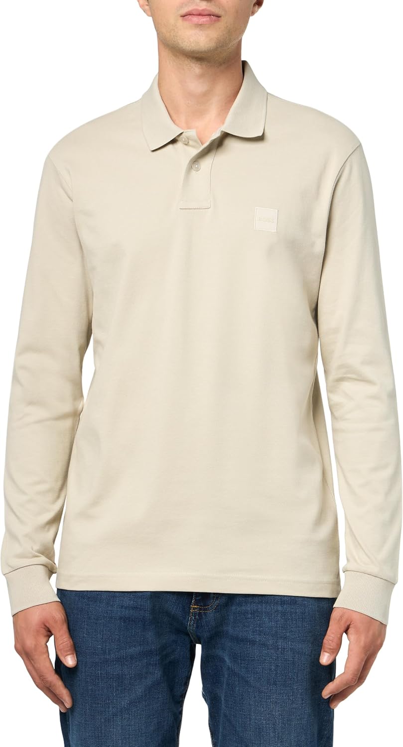 

BOSS Мужская поло с длинным рукавом Slim Fit с квадратным логотипом, Navajo Cream