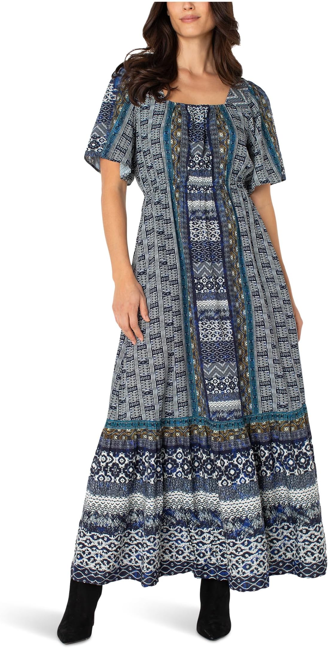 

Платье Liverpool Los Angeles Elbow Sleeve Square Neck Woven Maxi Dress With Pockets, Blue Shibori Multi