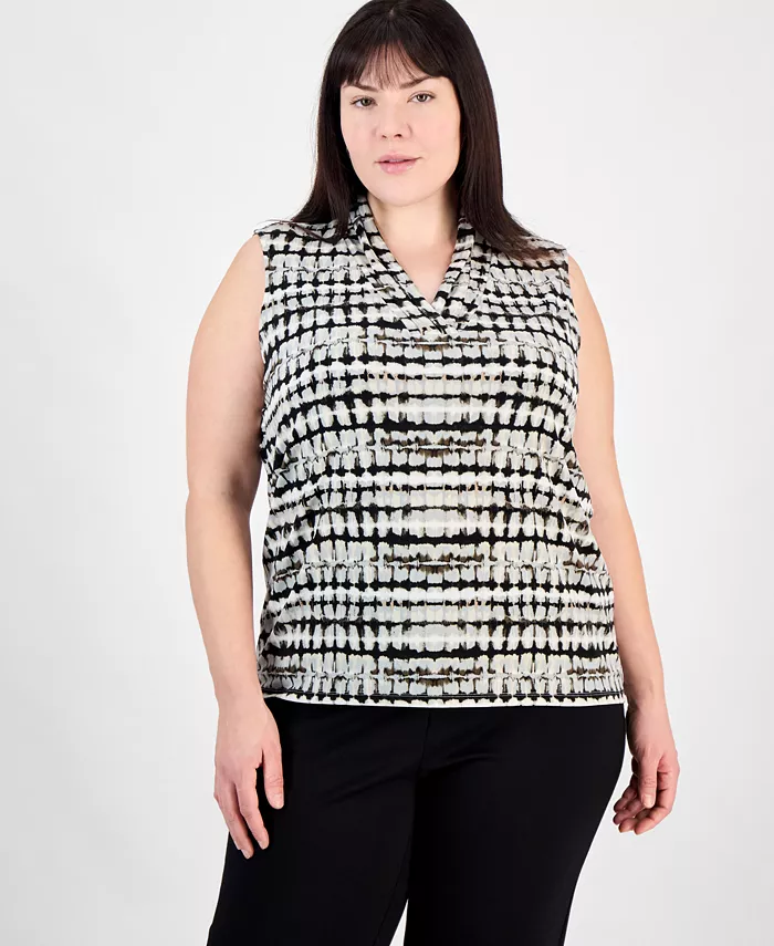 

Блузка с V-образным вырезом и тройной складкой, принт, plus size Anne Klein, черный