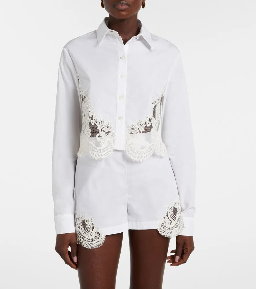 Рубашка из хлопкового поплина с кружевной отделкой Versace, белый — фото 3