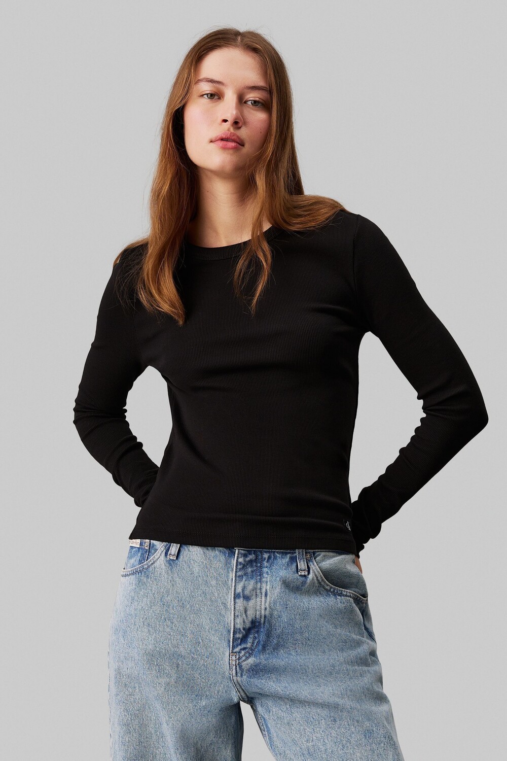

Топ с длинными рукавами и тканой резинкой Calvin Klein, черный