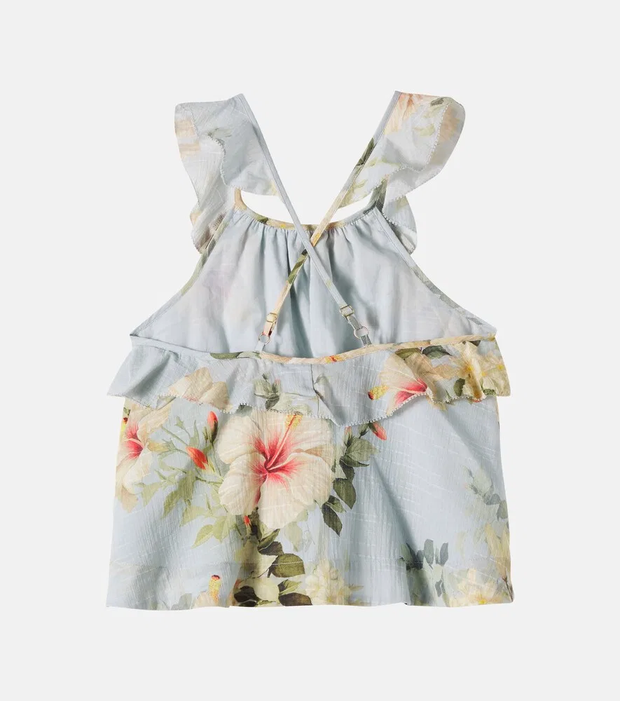 Хлопковая майка Mahon с цветочным принтом и оборками Zimmermann Kids, синий — фото 3