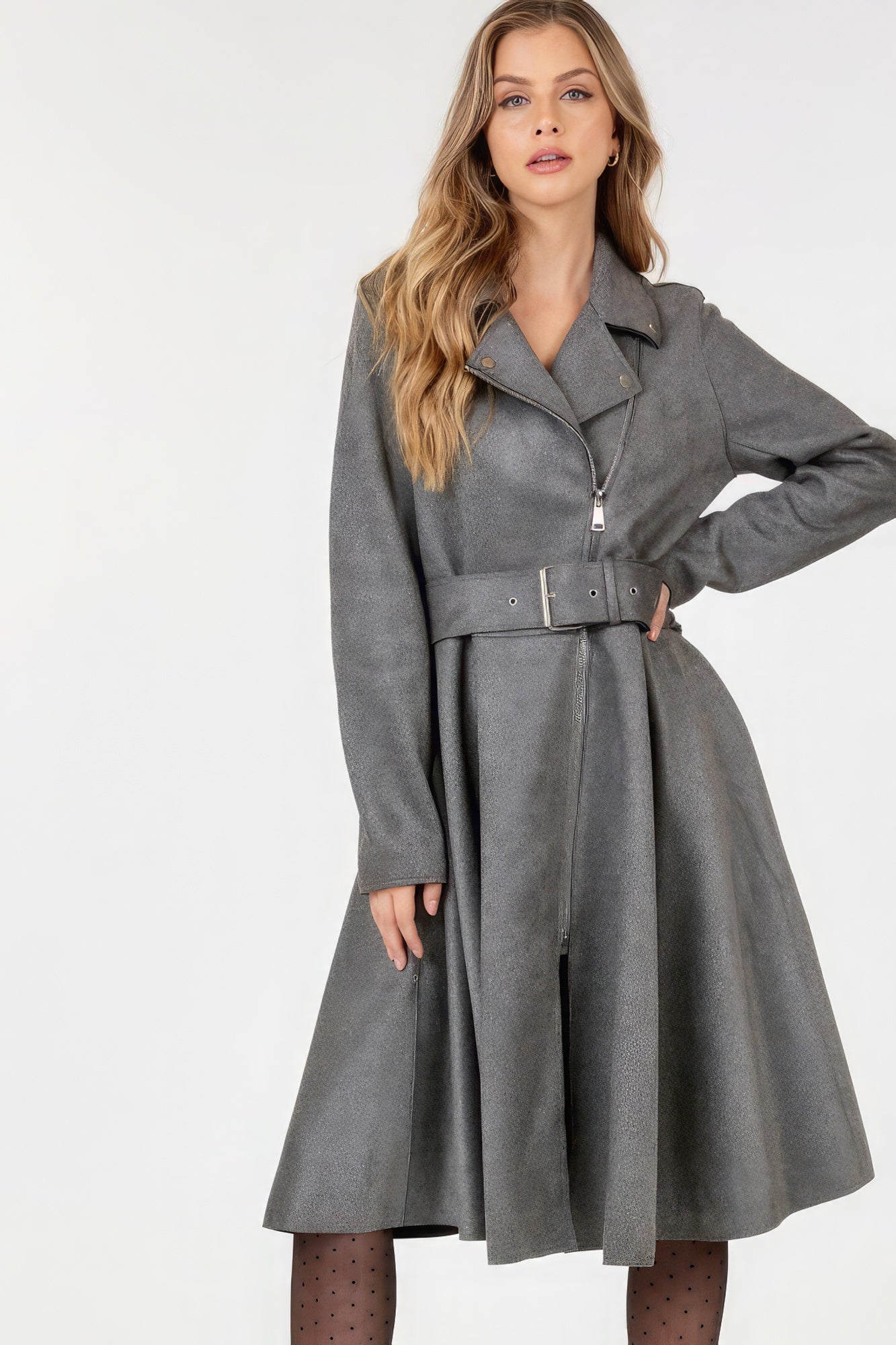 

Пальто из искусственной замши с поясом на талии, однотонное пальто FASHNZFAB, серый