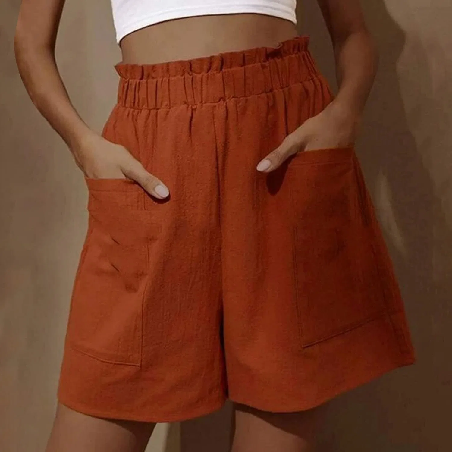 Шорты женские свободные, хлопок, высокая талия, A01_orange — фото 2