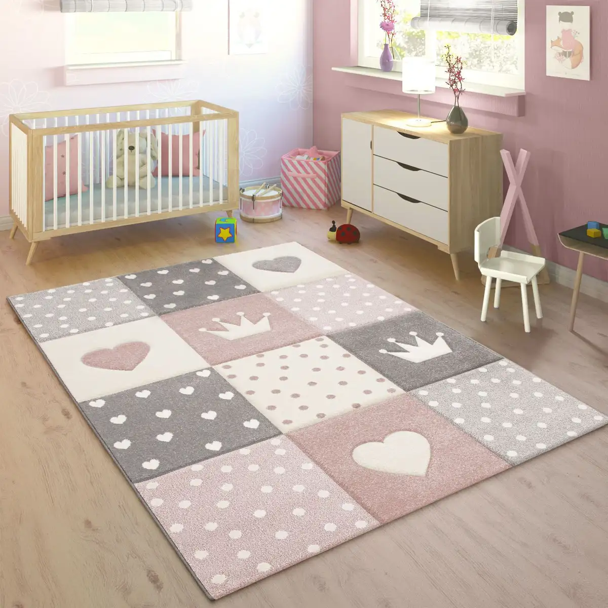 

Детский ковер Paco Home "Cosmo 339", прямоугольный, короткий ворс, пастельные тона, 3D-эффект, мотив сердца, точек и короны 200х290 см, розовый