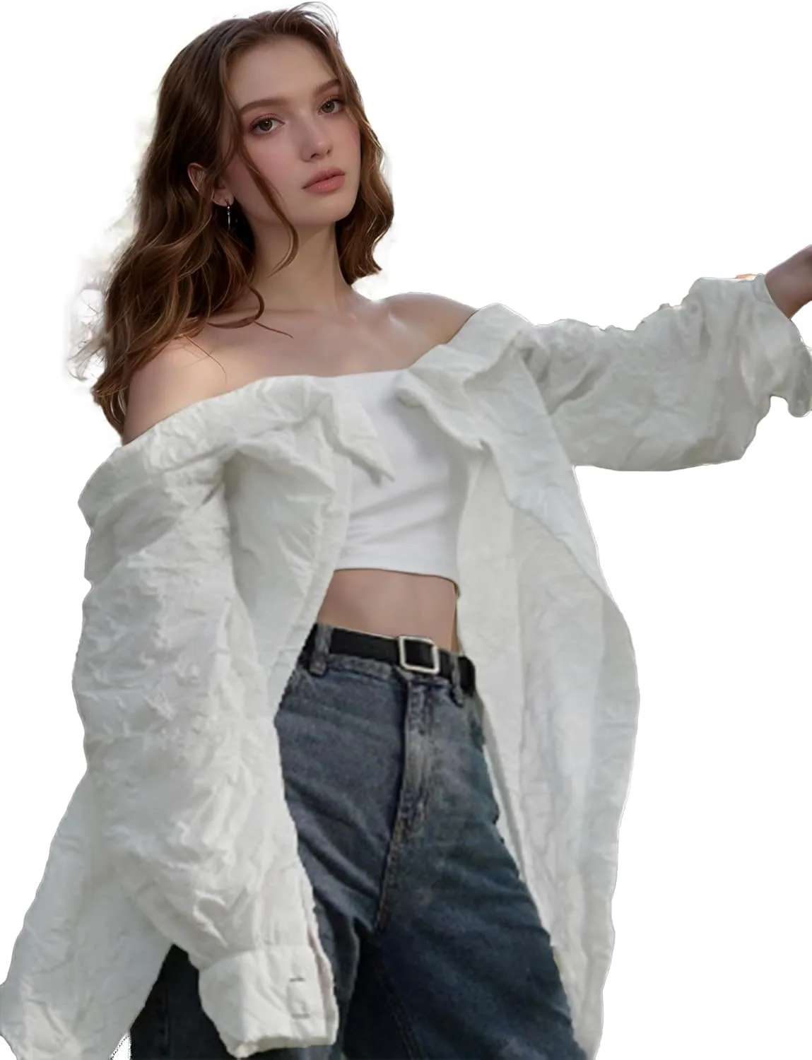 

Independent Designer Niche Bubble Pleated Fabric Off-Shoulder Crop Top Vaimti