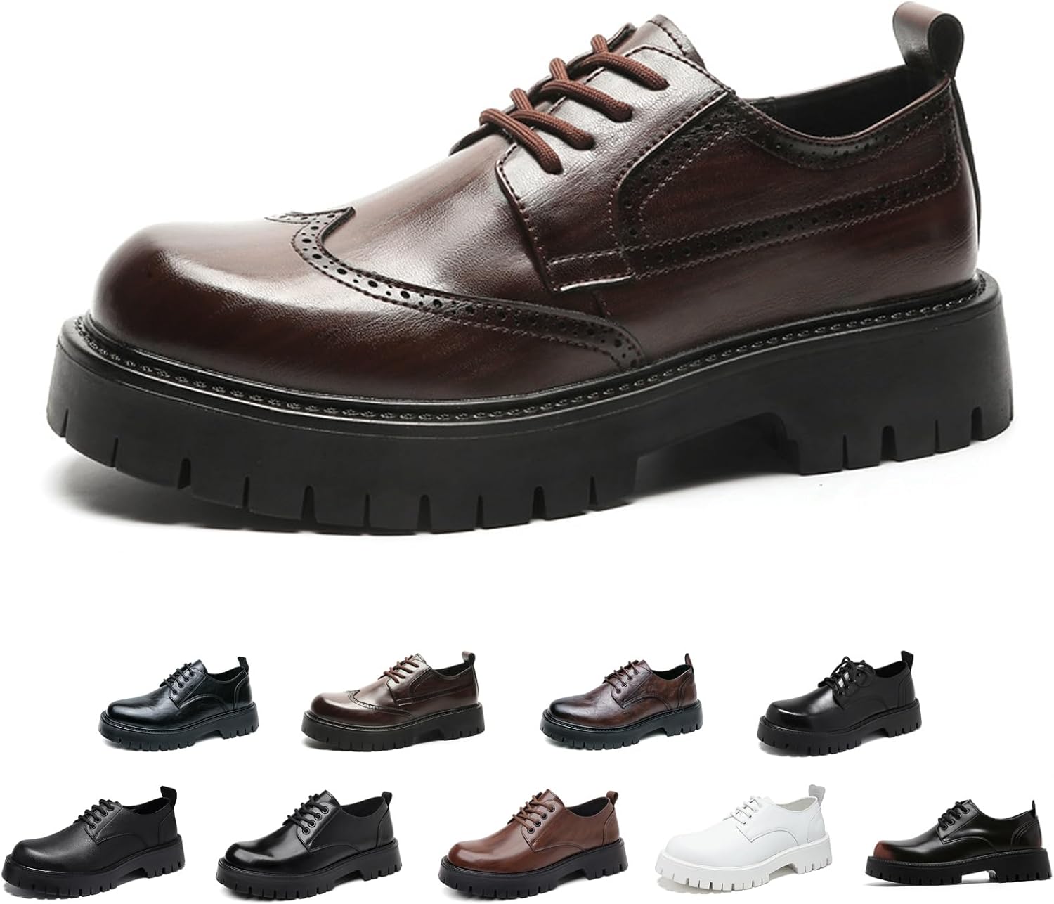 

Мужские кожаные оксфорды с крыльями и шнуровкой на высокой платформе, винтажные с круглым носком, противоскользящие с массивным каблуком Generic, I