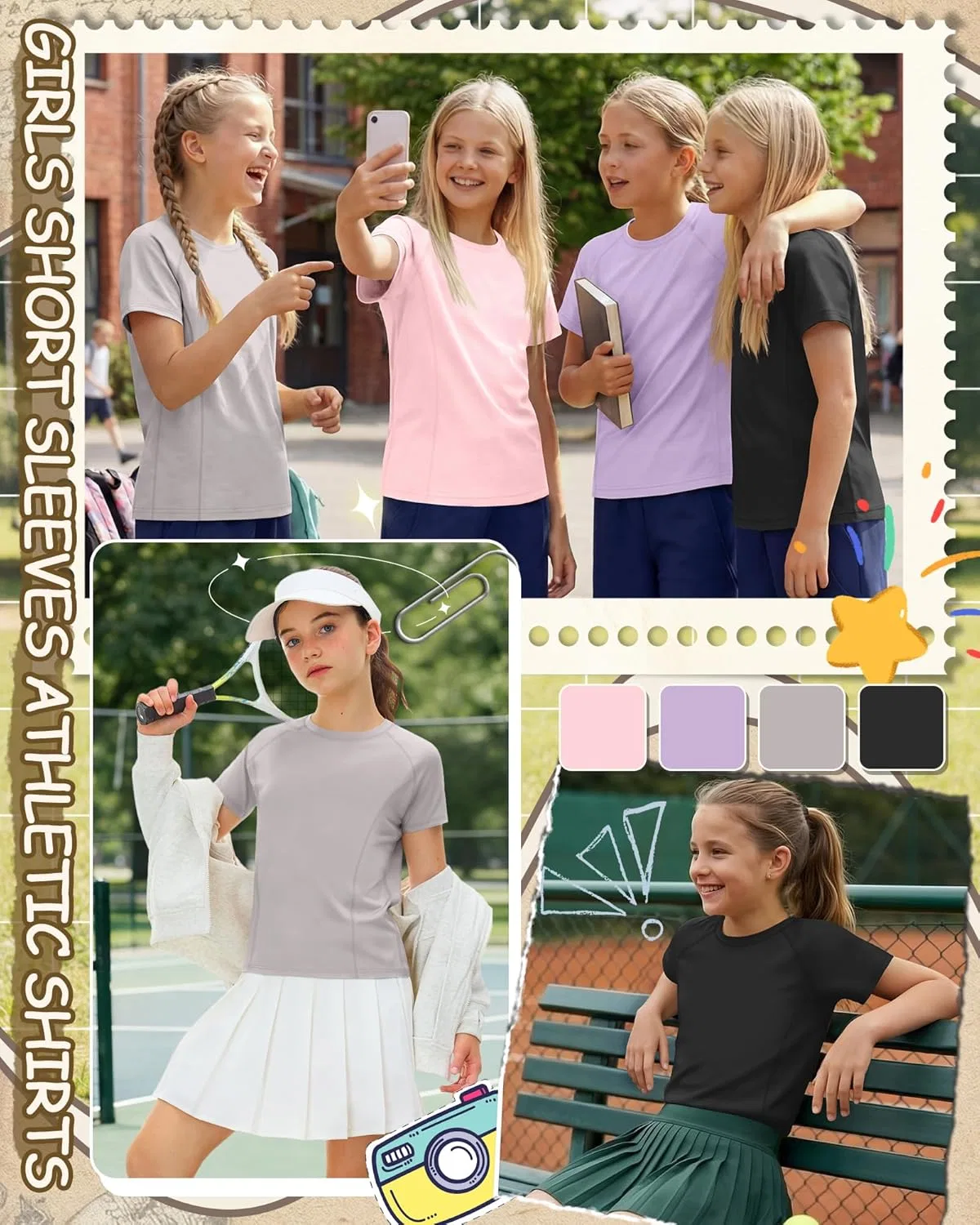 Детские футболки для активного отдыха 4 шт, LessonZoo, Light Pink, Taro Purple, Light Gray, Black — фото 4