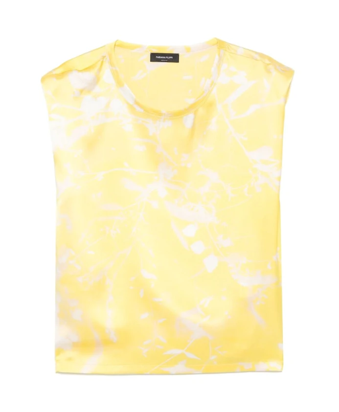 

Блузка с принтом в виде листьев жасминового желтого цвета, вырезом-лодочкой и рукавами-крылышками. Fabiana Filippi, мультиколор