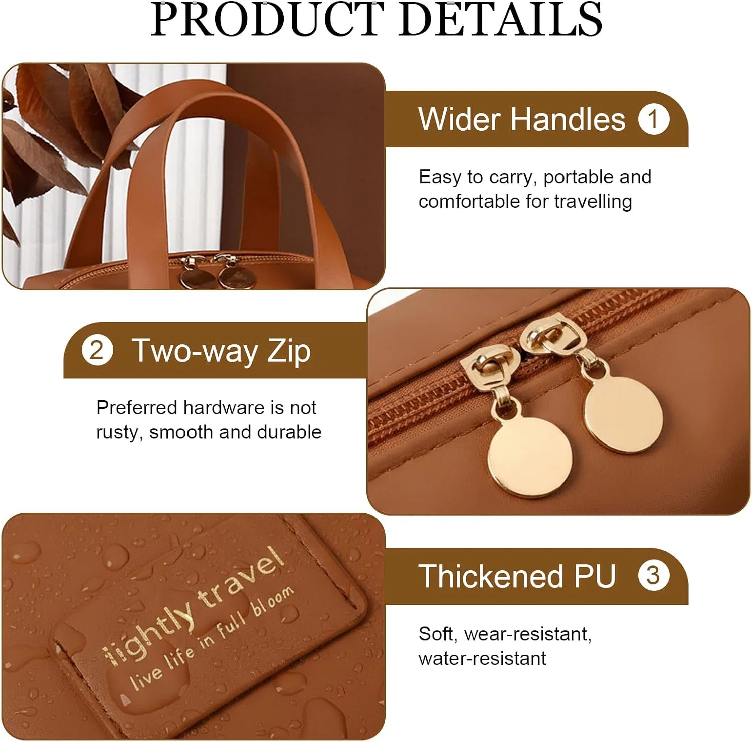 Женская дорожная косметичка из искусственной кожи с ручкой Kysun, Mocha Brown — фото 3