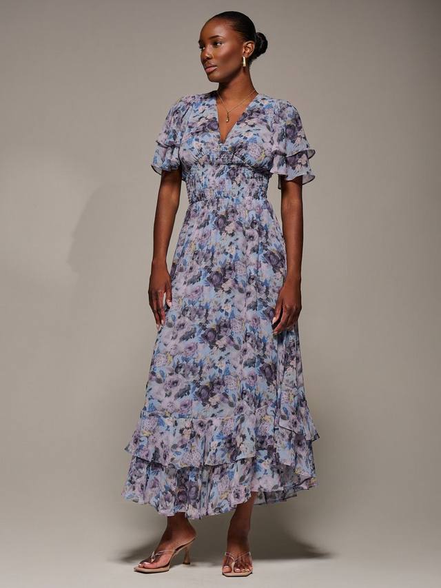 

Платье миди из шифона с акварельным цветочным принтом и рюшами Jolie Moi, Blue Floral