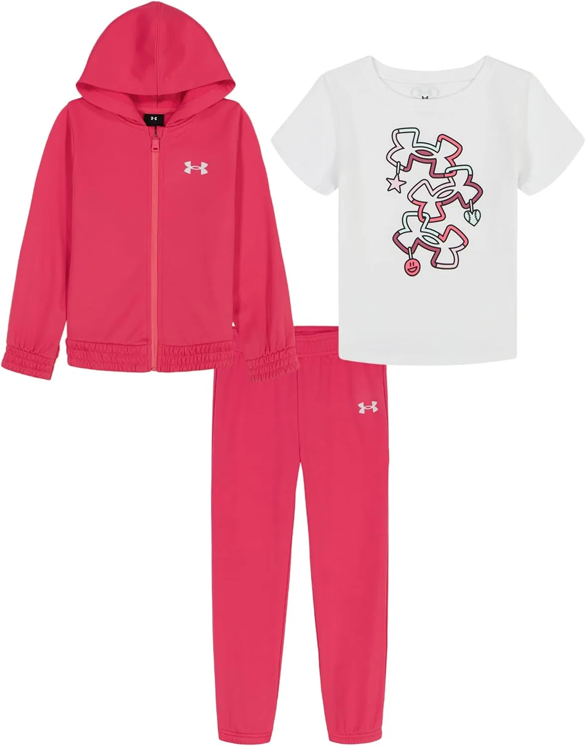 Комплект Under Armour для девочек из трех предметов: флисовая толстовка, толстовка, брюки и футболка с коротким рукавом, Super Pink