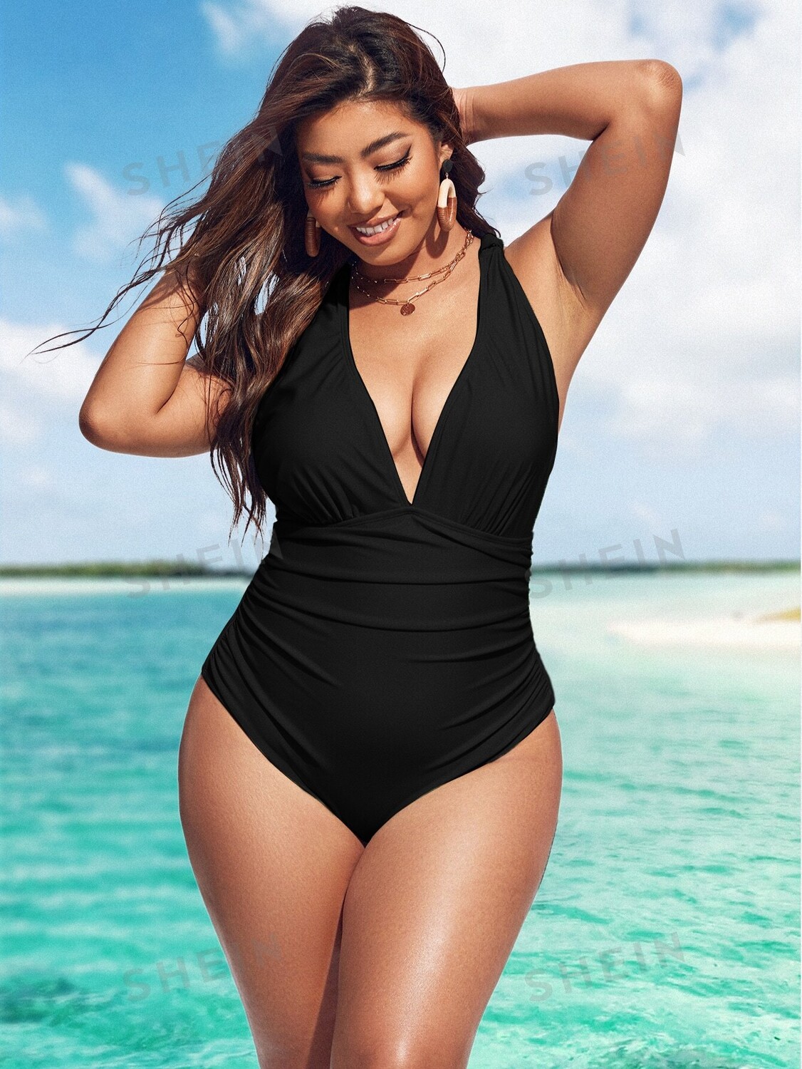 

Swim Curve Цельный купальник, плиссированные, однотонный, больших размеров Shein, черный