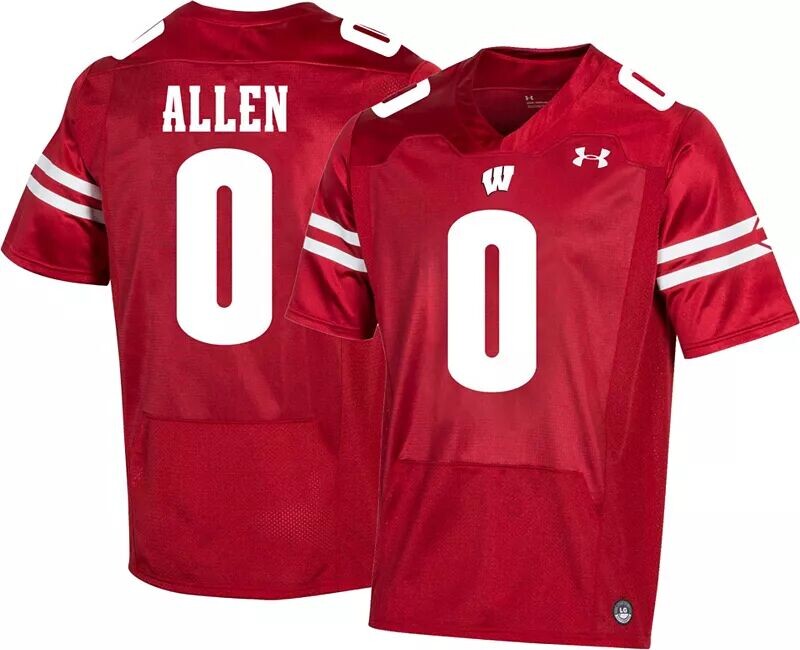 

Мужская красная футбольная майка Under Armour Wisconsin Badgers Braelon Allen #0