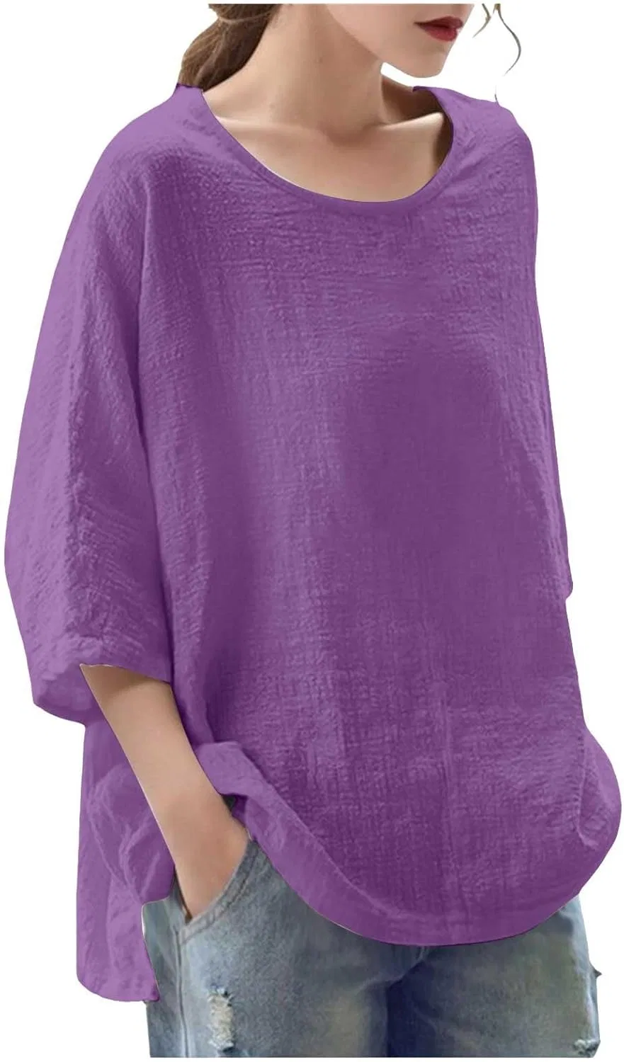 Футболка женская из хлопка и льна Relaxed Fit, синий — фото 4
