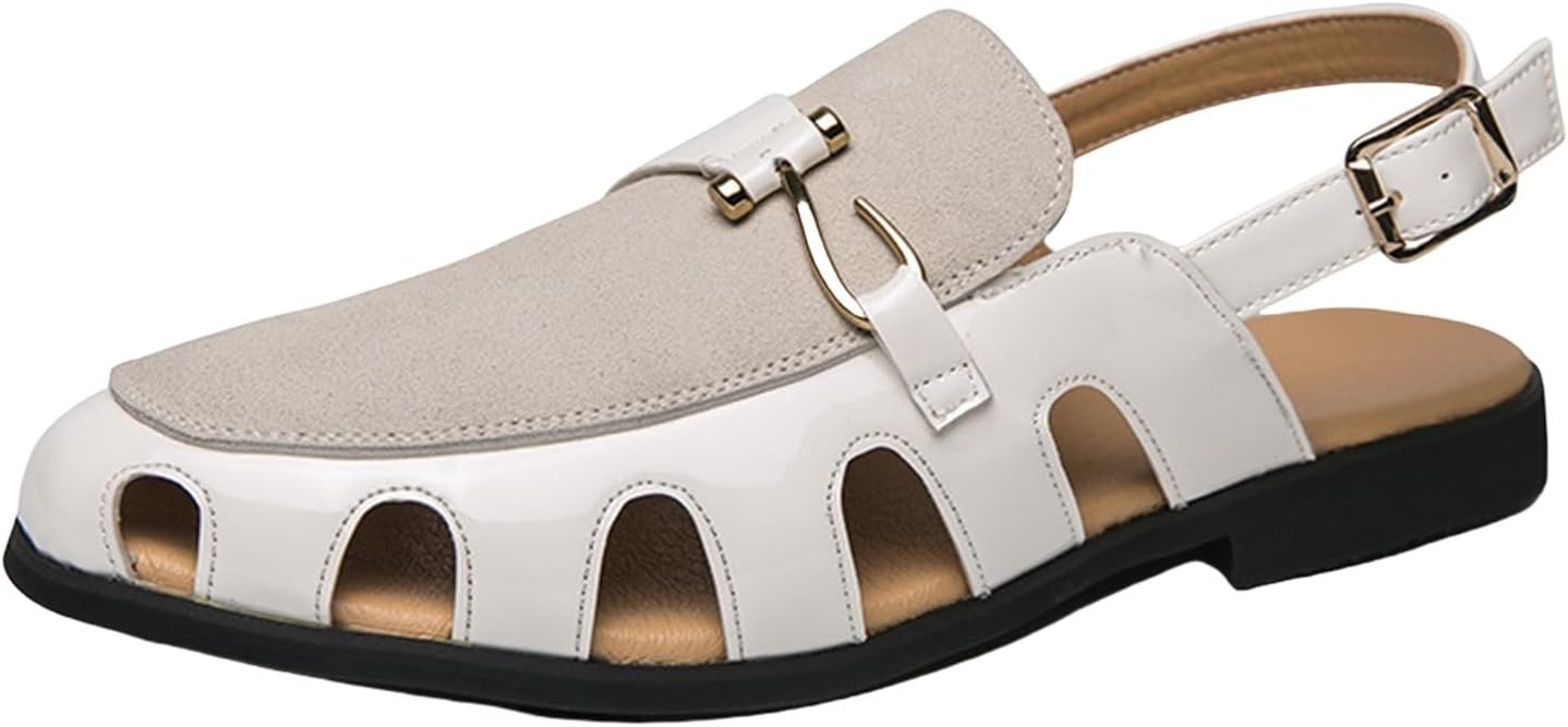 

Мужские лоферы из кожи с закрытым носком, сандалии для ходьбы, стильные слипоны, мюли с регулировкой пряжки, дышащие с низким каблуком Generic, белый