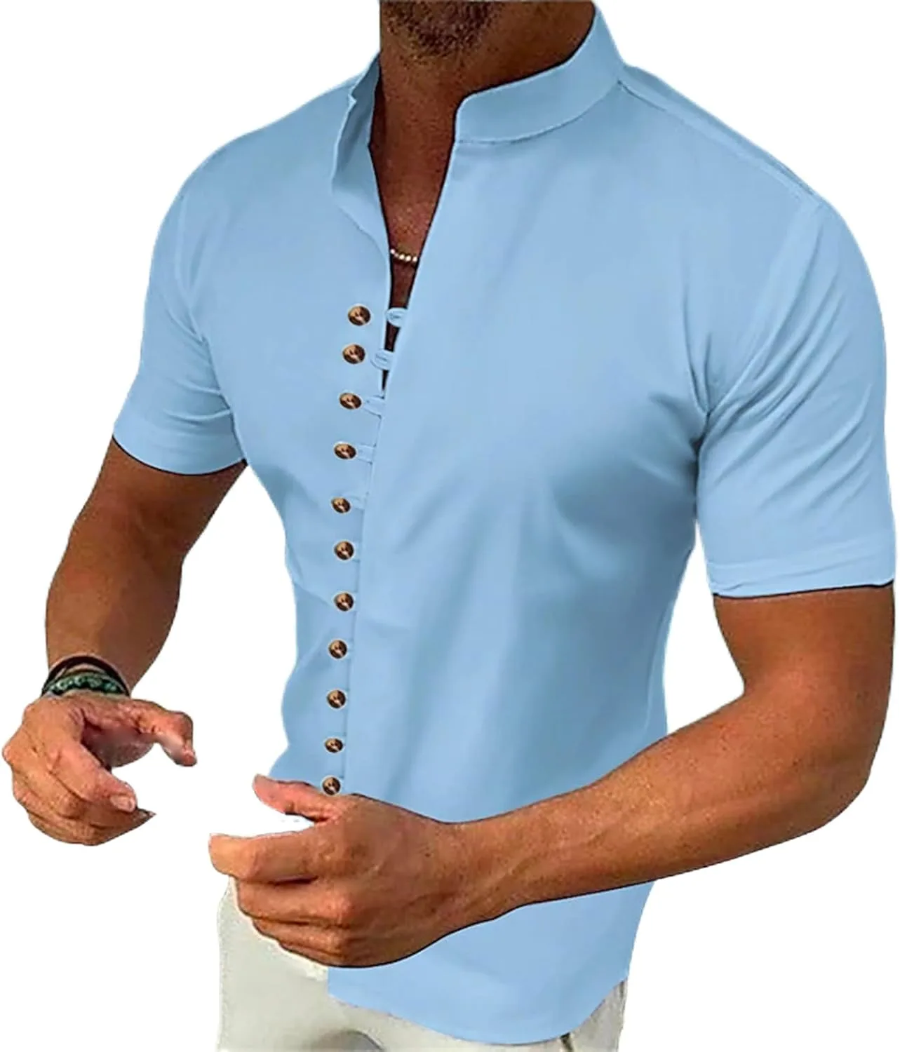 

Мужская короткая рубашка из льна с воротником стойкой и эластичной резинкой RSZGSWS