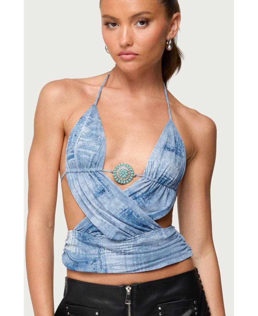 

Женский топ с перекрестной спинкой и принтом из сетчатой ткани Edikted, Blue