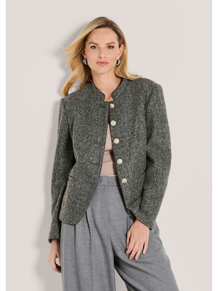 

MADELEINE Стильный короткий блейзер со стоячим воротником, цвет свинцово-серый / меланж / золотой