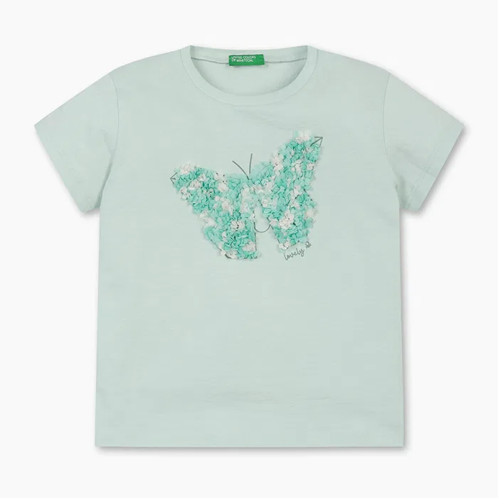Детская футболка с вышивкой светло-голубого цвета от Benetton Kids