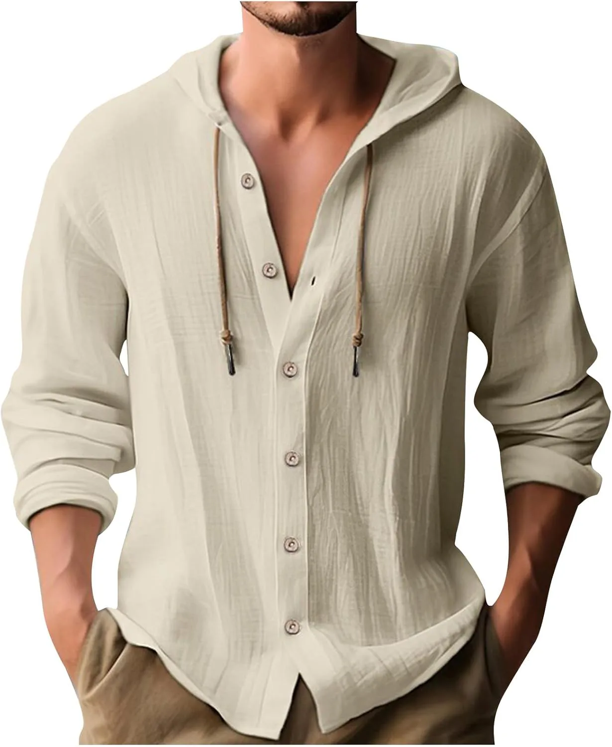 

Футболки для мужчин Cotton Linen Button Up Hoodies Loose Solid Pullovers