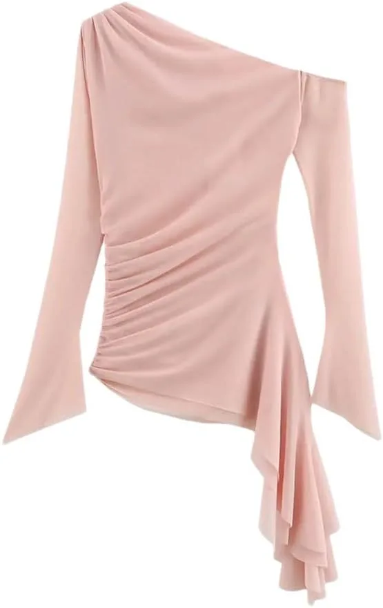 

Женский асимметричный топ Sweet Mesh с длинными рукавами и рюшами