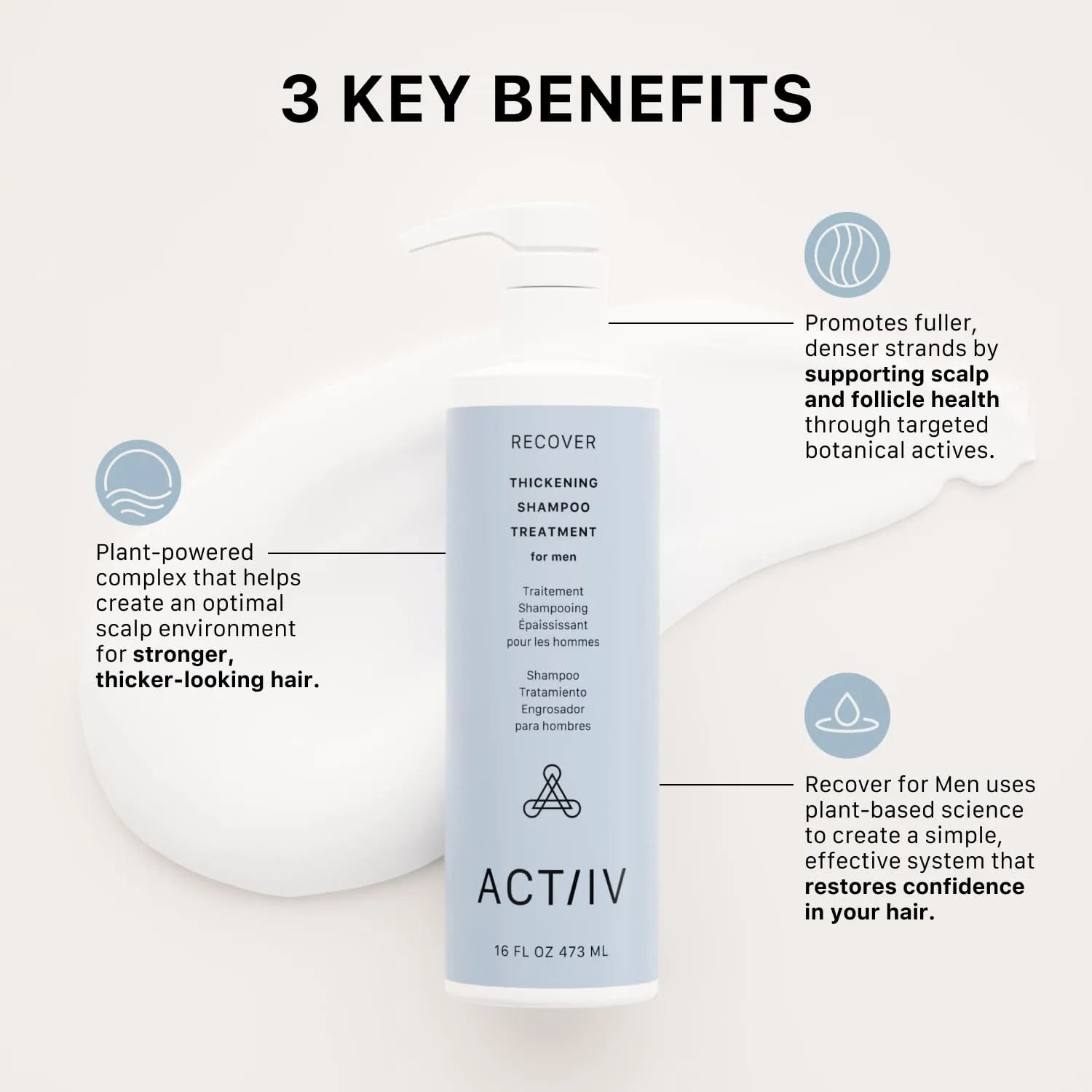 ACTIIV Recover Thickening Shampoo Treatment For Men для более густых и здоровых волос, поддержка здоровья кожи головы, на растительной основе, для окрашенных волос, веган, для всех типов волос 473 мл (1 шт.) — фото 3