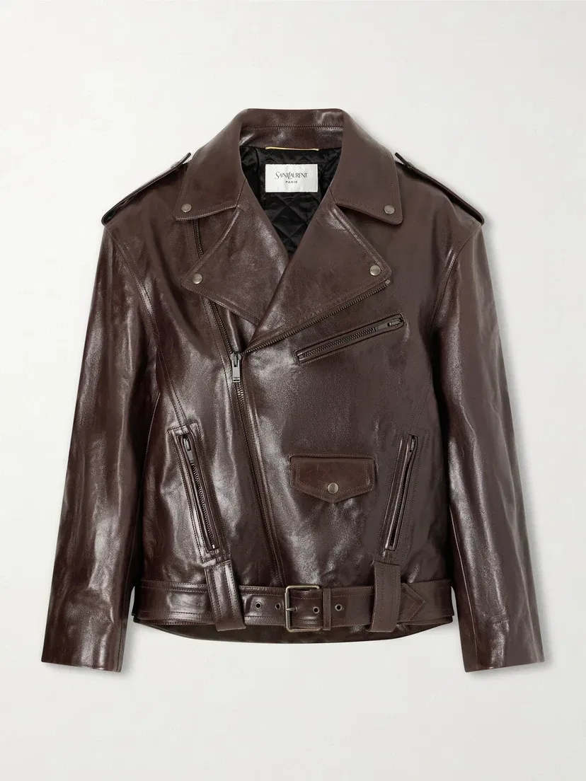 Куртка-косуха из глянцевой текстурированной кожи SAINT LAURENT, коричневый