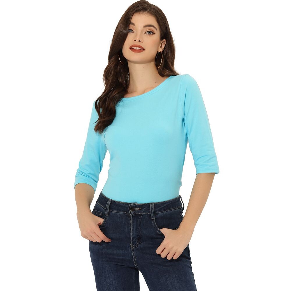 

Женская классическая футболка узкого кроя с рукавами до локтя и вырезом лодочкой ALLEGRA K, цвет Aqua Blue