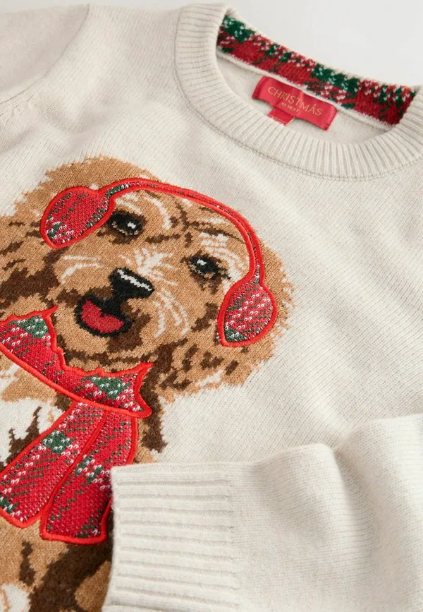 Рождественский джемпер с длинными рукавами, укороченный крой Next, Cream Tartan Dog Graphic — фото 3