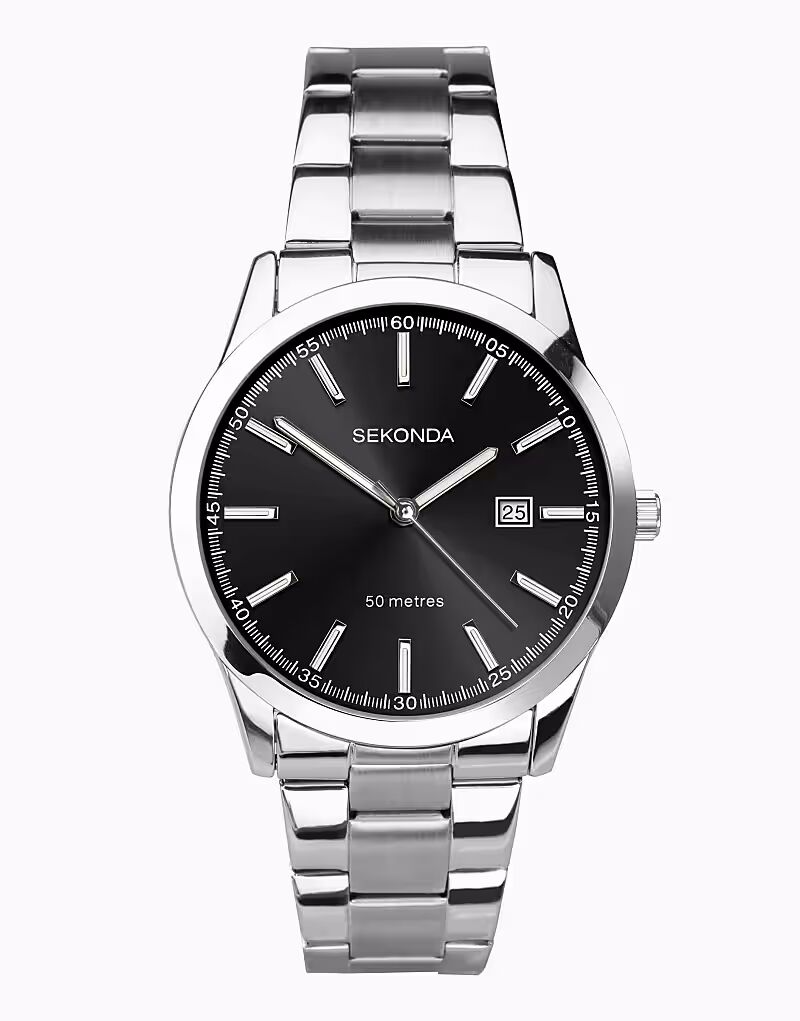 

Аналоговые часы Mens Taylor 41 мм с круглым корпусом из серебристого сплава, серебристым браслетом из нержавеющей стали и черным циферблатом Sekonda