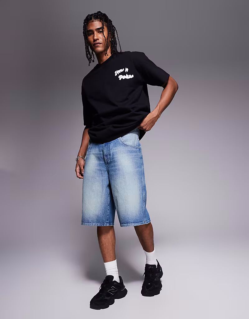 

ASOS DESIGN удлиненные джинсовые шорты плотника в цвете средне-синего тона