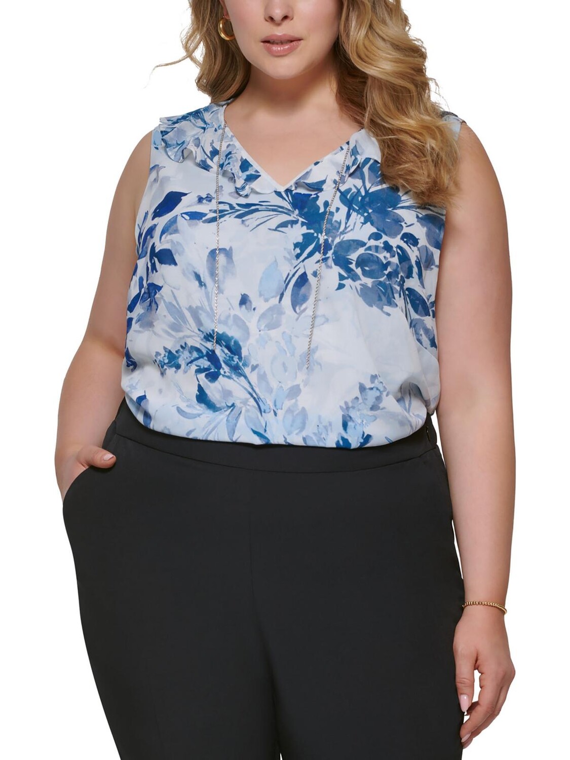 

Плюс женская блузка с цветочным принтом и цепочкой Calvin Klein, синий