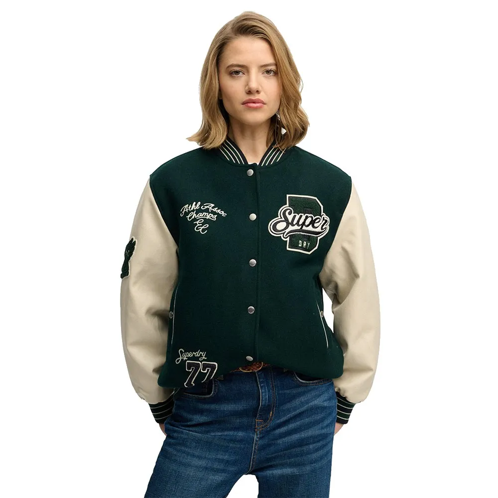 Куртка-бомбер Superdry с нашивками в стиле Varsity, зеленый — фото 3