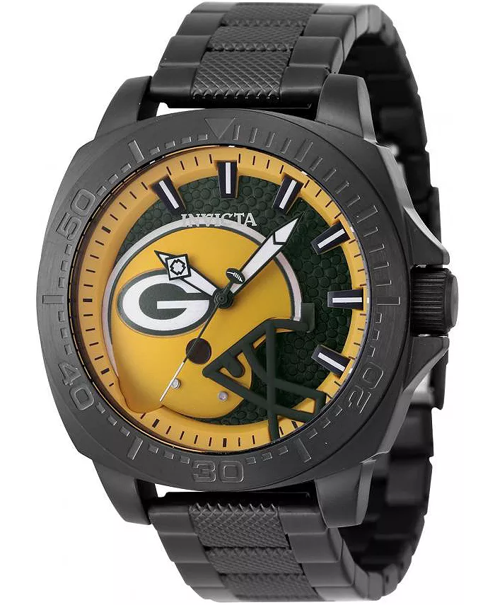 

Мужские часы 47887 NFL Green Bay Packers Quartz с 3 стрелками, желто-зеленым циферблатом Invicta, серебряный