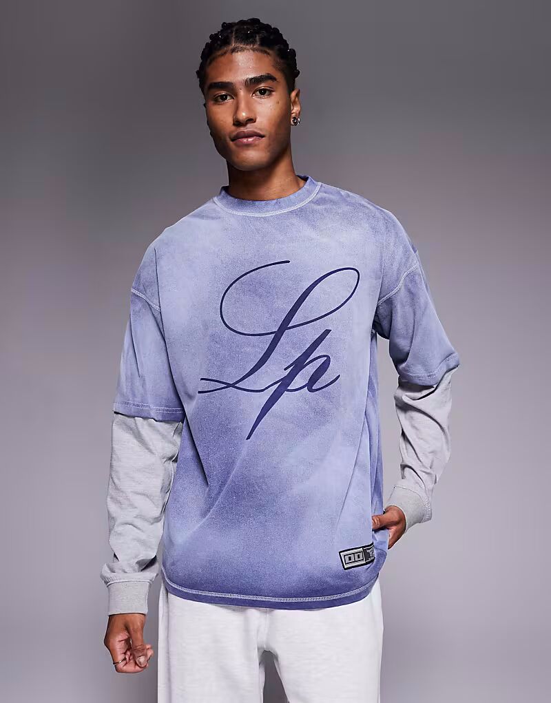 

Футболка 270 г/м² меланжевая с длинным рукавом и искаженным логотипом темно-синего цвета Liquor N Poker