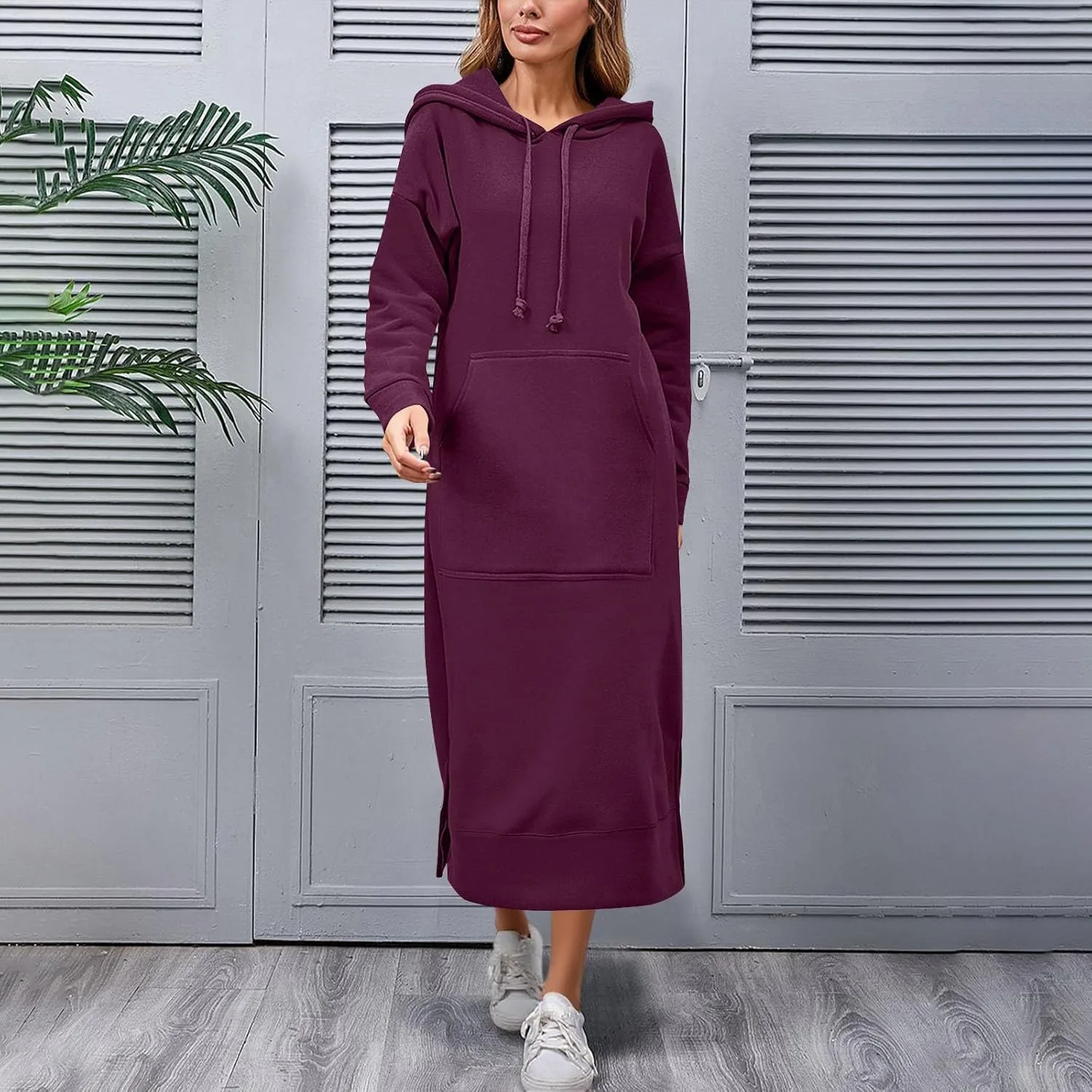 Женское длинное платье-худи с рукавами, плюс сайз, флисовый пуловер, повседневное, с разрезами по бокам и карманом Generic, Wine#1 — фото 3